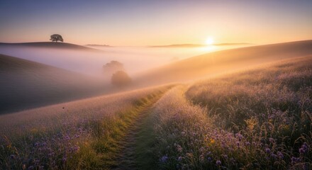 Golden sunrise over misty countryside path