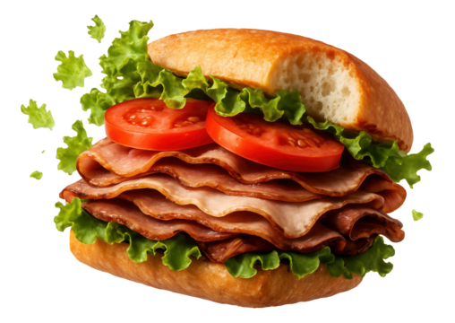 Bitten sandwich revealing layers, lettuce bits in motion.