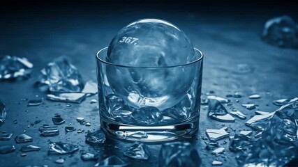 An ice sphere with 367 inside a glass amidst shards of ice on a dark surface - Powered by Adobe