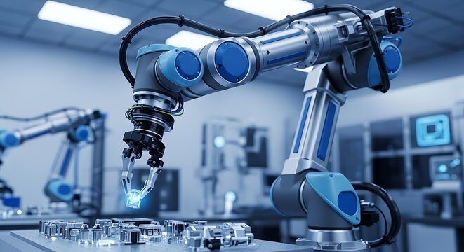 Closeup of a modern industrial robotic arm with a manipulator, working in a hightech factory or laboratory setting, showcasing advanced automation and precision engineering in manufacturing