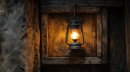 Old lantern hangs on rustic wooden wall