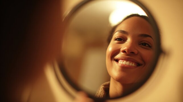 Beautiful young woman is smiling while looking at her reflection in a round mirror, enjoying a moment of self care and confidence in her bathroom