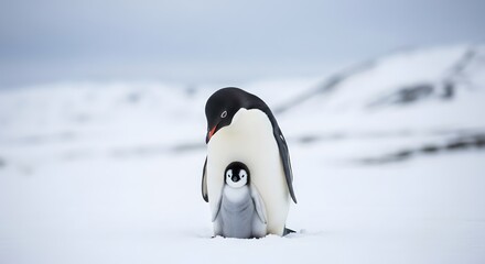 Obraz premium Parent penguin sheltering its fluffy chick in a vast snowy Antarctic landscape, symbolizing protection and survival in the wild.