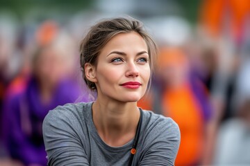Fototapeta premium Thoughtful Young Person in Gray Shirt Amidst a Blurred Crowd