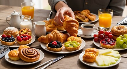A delightful spread of assorted breakfast pastries including croissants, fruit tarts, cinnamon rolls, and donuts, served with orange juice and coffee, creating a perfect morning feast