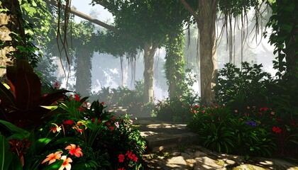 Lush tropical garden path, shaded by ancient trees, bathed in soft morning light. A misty waterfall is visible in the distance, creating a tranquil and serene ambiance.