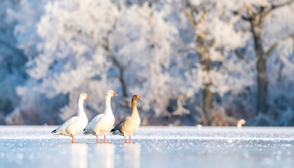 Four geese stand on a frozen lake, framed by frosted trees bathed in winter sunlight.