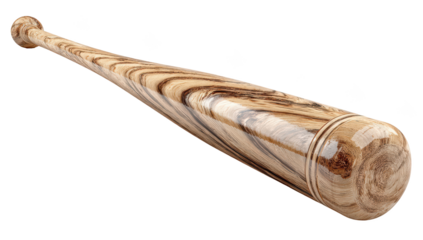 A polished, wooden baseball bat on a black background, angled, with intricate wood grain