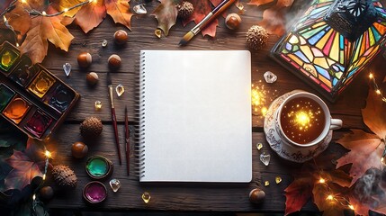 Cozy Autumn Scene with Blank Notebook, Coffee, and Artistic Supplies