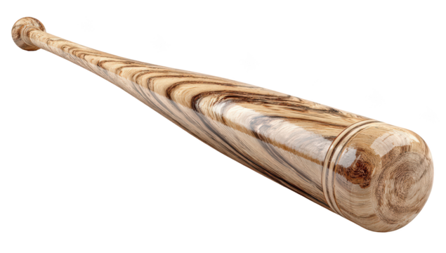 A polished, wooden baseball bat on a black background, angled, with intricate wood grain