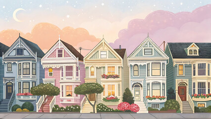 Charming Victorian homes glow under a starry, pastel twilight sky