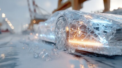 Futuristic car design with ice texture and glowing lights in a dynamic urban environment