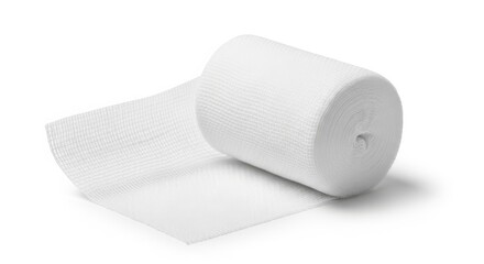 A roll of white medical bandage unrolled on a white surface
