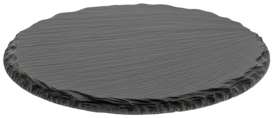 Black slate round plate on a white surface, transparent background png