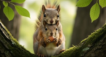 Adorable squirrel pair on tree branch, one holding a nut, in a lush green forest environment