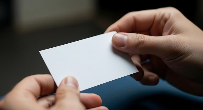 Close-up of hands exchanging a blank business card for networking or introduction