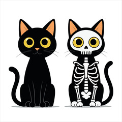 Fototapeta premium Vector art of two cartoon cats, one black and one skeleton