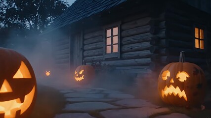 Three lit pumpkins in front of a log cabin with glowing windows shrouded in fog - Powered by Adobe