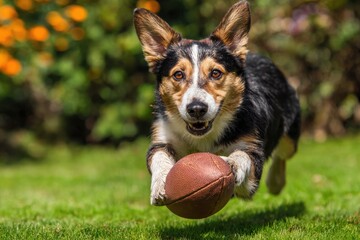 Dog Playing Football. Amusing Pet Engaged in American Football Game on Backyard Lawn