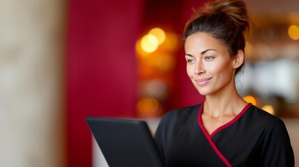 Kobieta w czarnej bluzce z laptopem w nowoczesnym wnętrzu – praca, technologia, biznes