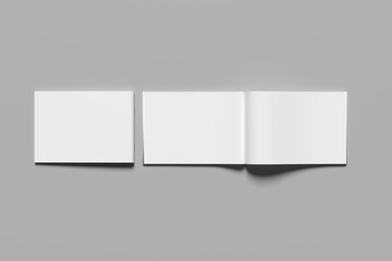 Blank A4 photorealistic landscape brochure mockup on light grey background, 3D illustration.