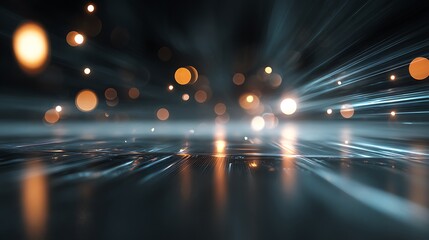 Abstract Futuristic Light Streaks and Bokeh Particles on a Reflective Surface