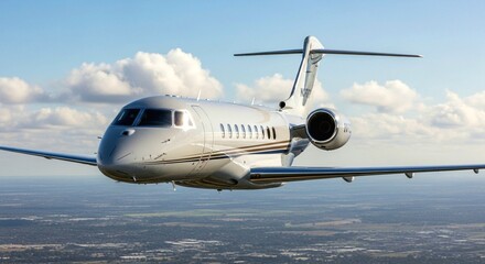Naklejka premium Luxury Private Jet Flying Above City Skyline