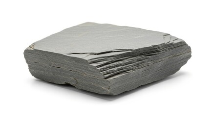 A piece of layered shale rock on a white surface