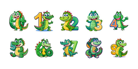 Fototapeta premium Playful Alligator Character Numbers Set 0-9 Vector Illustration for Kids Education, Learning, Counting, Preschool, Nursery, Children Books