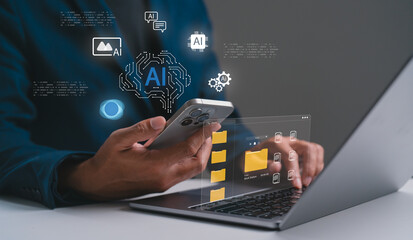 A person using a smartphone and laptop with digital icons representing artificial intelligence and data management.