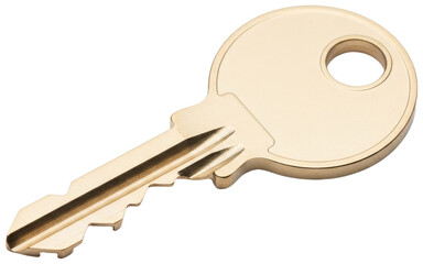Close-up of a single golden metal key on white surface, transparent background png