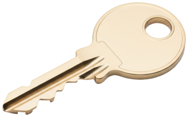 Close-up of a single golden metal key on white surface, transparent background png