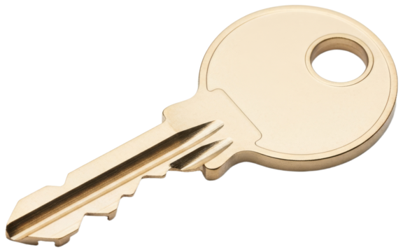 Close-up of a single golden metal key on white surface, transparent background png - Powered by Adobe
