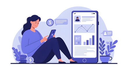Young Woman Checking Investment Portfolio On Smartphone App While Relaxed At Home, Digital Finance, Wealth Management, Stock Market Monitoring, And Modern Financial Lifestyle