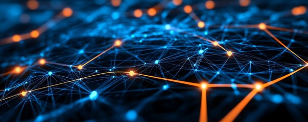 Abstract network connections with glowing blue and orange lights