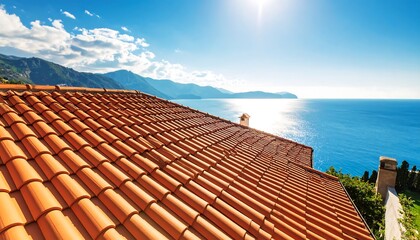 Naklejka premium A terracotta roofline overlooks a vibrant blue sea, framed by mountains under a clear sky.