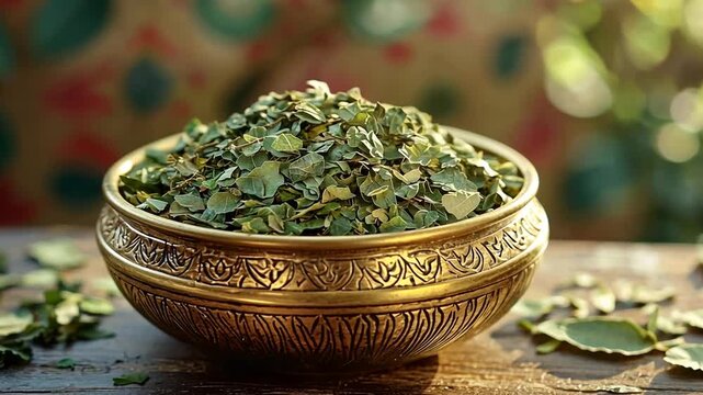  close-up of dried kasuri methi leaves in a traditional indian brass spice container orbit video