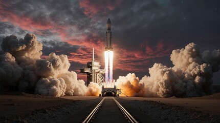 Powerful rocket blasts off from launchpad generating massive fiery plume at twilight sky with scattered clouds