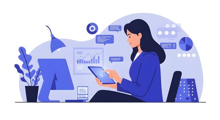 Businesswoman Using Digital Tablet To Monitor Global Markets In Modern Office, Financial Technology, Market Analysis, Investment Strategy, And Professional Business Growth