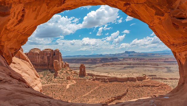 Utah Landscape Framed by Red Rock Arch, with Dramatic Clouds and Desert Views.