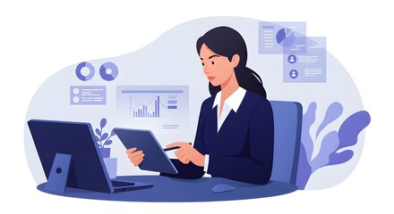 Businesswoman Using Digital Tablet To Monitor Global Markets In Modern Office, Financial Technology, Market Analysis, Investment Strategy, And Professional Business Growth