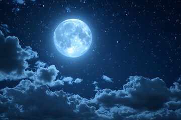 Bright full moon illuminates starry night sky with wispy clouds