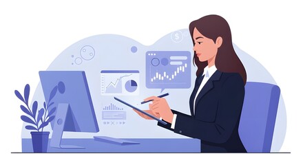 Businesswoman Using Digital Tablet To Monitor Global Markets In Modern Office, Financial Technology, Market Analysis, Investment Strategy, And Professional Business Growth