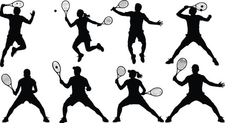 Silhouettes of tennis players in dynamic action poses, vector illustration set of male and female athletes with rackets isolated on white background