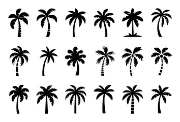 Collection of Black Silhouette Palm Trees on White Background