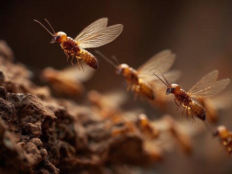 Flying Termites. Closeup of Eastern Subterranean Termites Swarming for Destructive Pest Control
