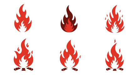 Collection of six different red flame icons on white background