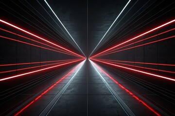 Futuristic dark tunnel with glowing red and white neon lines.