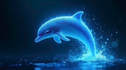 A stunning hyper-realistic glowing blue dolphin leaping gracefully through dark ocean water