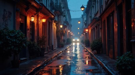 Wet Street in Vintage City with Warm Lighting at Night